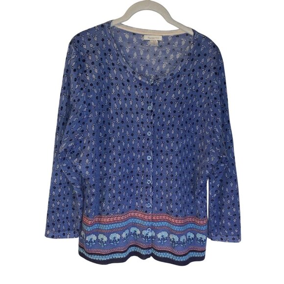 Garnet Hill Women's Merino Wool Sweater Cardigan Size XL Blue Floral Preppy Cozy - Picture 1 of 7